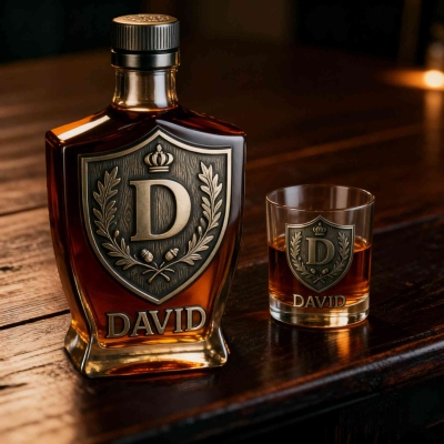 Custom Engraved Whiskey Bottle & Glass Set – Personalized Initial Shield Emblem – Custom Name Gift for Him, Husband, Dad, Groomsmen