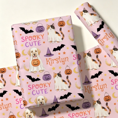 Custom Name Spooky Cute Cat Dog Pumpkin Wrapping Papers (Set of 3), A3/A2/Standard Holiday Gift Packages, Halloween Gifts for Kids/Family/Friends