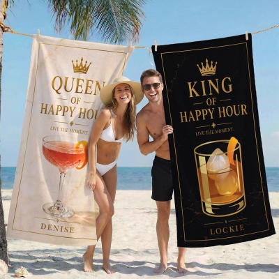 Custom Name Queen/King of Happy Hour Couple's Beach Towel, Quick Dry Microfiber Pool Towel, Vacation Party Favor, Anniversary/Wedding Gift for Couple