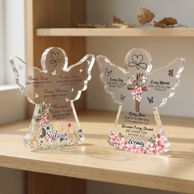 Custom Name Bible Verses Floral Cross Angel Shaped Acrylic Plaque, Freestanding Memorial Decor, Birthday/Baptism/Sympathy Gift for Christian Women
