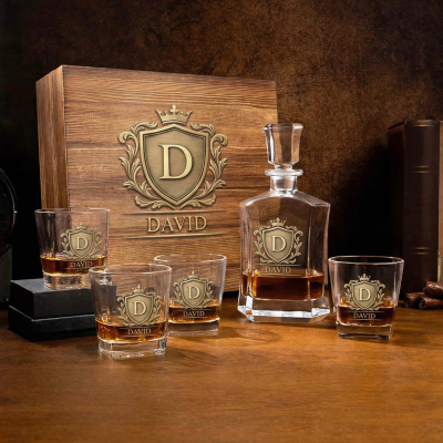 Personalized Hexagonal Whiskey Decanter Glasses Set with Name Initial and Wooden Storage Box, Birthday/Housewarming/Anniversary Gift for Whiskey Lover