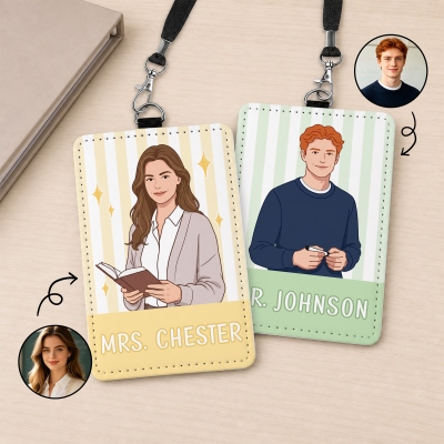 Personalisierbarer Ausweishalter mit Foto und Cartoon-Motiv für Lehrer, Kartenetui aus PU-Leder mit Lanyard, Geburtstagsgeschenk für Lehrer/Pädagogen/Freunde