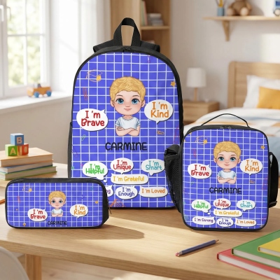 Personalized Cartoon Character I'm Kind I'm Brave Backpack Lunch Bag Pencil Case Set with Name, Daily Use, Back to School/Birthday Gift for Kids