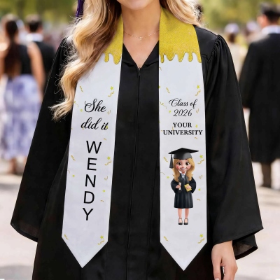 Personalized Glitter Cartoon Graduate Character Graduation Sash with Name Year and School Name Class of 2026 Graduation Celebration Gift for Students