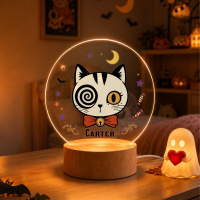Custom Halloween Spooky Cat Acrylic LED Night Light with Name, Cute Night Lamp with Wooden Base, Desktop Decor, Birthday Gift for Boys/Girls/Kids