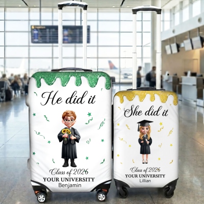Personalized Cartoon Character Luggage Cover Fits 18-32 Inches Suitcase with Name Year School Name, Travel Essentials, Graduation Gift for Graduates