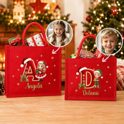 Custom Name & Photo Cartoon Character Alphabet Christmas Tote Bag, Large Capacity Red Jute Bag, Holiday Party Favor, Christmas Gift for Kids/Family