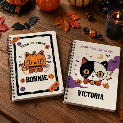 Personalized Halloween Cat Spiral Notebook with Name, Softcover A5 Trick Or Treat Journal, School Diary Notepad, Holiday Gift for Kids/Boys/Girls