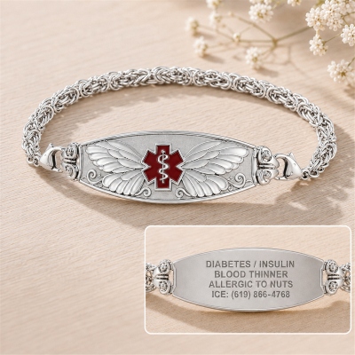 Custom Engraved Butterfly Floral Leaves Medical Alert ID Bracelet, Handcrafted Byzantine‑style Chain Jewelry, Unique Safety Gift for Family/Friends