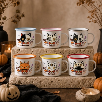 Custom Halloween Quirky Cat Enamel Mug with Name, 11oz Lightweight Milk Cup, Tin Camping Mug, Halloween Party Favor, Birthday Gift for Boys/Girls/Kids