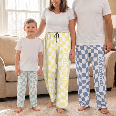 Personalized Groovy Checkered Pajama Pants with Name, Unisex Drawstring Lounge Pants, Birthday/Christmas Gift for Kids/Couple/Family