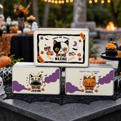 Personalized Halloween Cat Candy Tin Box with Name, Kids Trick Or Treat Metal Cookie Container, Holiday Keepsake, Birthday Gift for Boys/Girls/Kids