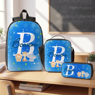 Personalized Name Alphabet Cartoon Animals Backpack with Pencil Case & Lunch Bag, Children's School Bag Set, Back to School/Birthday Gift for Kids