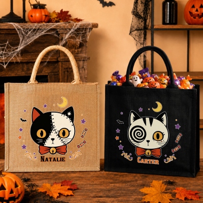 Personalized Halloween Quirky Cat Bag with Name, Jute/Linen Reusable Trick Or Treat Candy Handbag, Party Tote Bag, Birthday Gift for Boys/Girls/Kids
