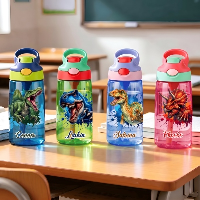 Custom Name Splashing Dinosaur Water Bottle, 16oz Children's Cup with Silicone Straw & Handle, Birthday/Back to School Gift for Kids/Dinosaur Lovers