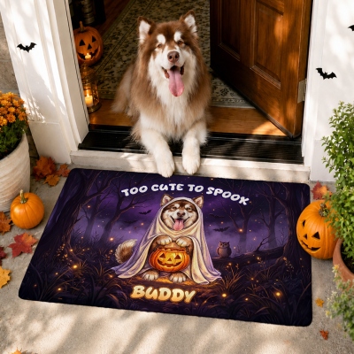 Personalized Pet Photo Halloween Doormat with Name, Dog/Cat Ghost Cartoon Door Mat, Non Slip Outdoor Entry Rug, Birthday Gift for Pet Owners/Him/Her