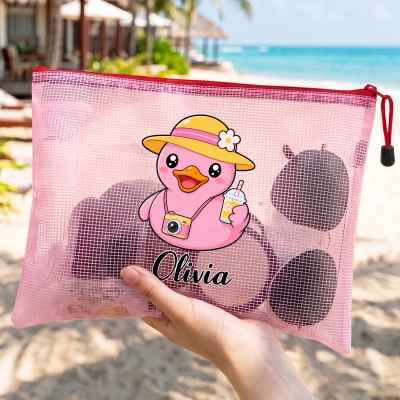 Personalized Name Cartoon Professional Duck Character PVC Mesh Wet Dry Bag, Waterproof Beach Bag, Vacation/Birthday/Graduation Gift for Family/Friends