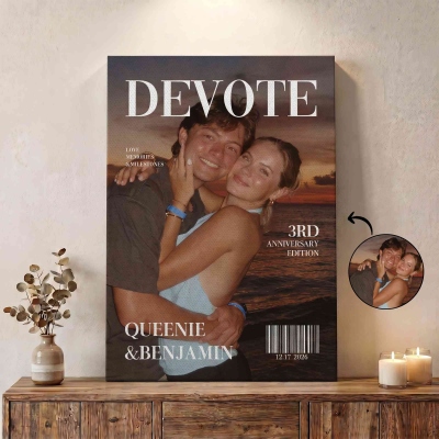 Custom Names & Date Couple Photo Magazine Cover Wall Art Print, Canvas Poster/Frameless/Framed Painting Sign, Wedding/Anniversary Gift for Couple