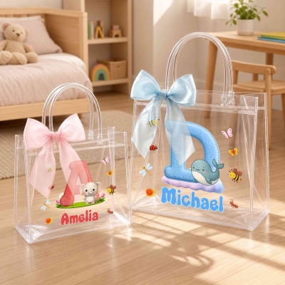 Personalized Name Plush Alphabet Cartoon Animal Gift Bag with Bow Ribbon, PVC Transparent Tote Bag, Children’s Day/Birthday Gift for Kids/Boys/Girls
