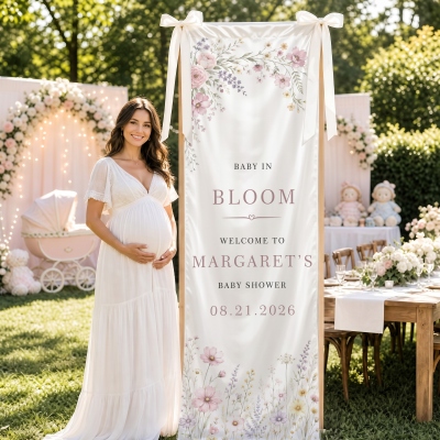 Personalized Name & Date Wildflower Baby in Bloom Baby Shower Welcome Banner with Ribbons, Gender Reveal Party Tapestry Backdrop, Gift for New Mom