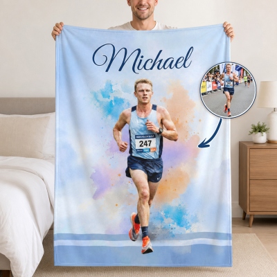 Personalized Photo Marathon Themed Watercolor Blanket with Name, Flannel/Sherpa Bed Couch Throw, Home Decor, Gift for Runners/Athletes/Marathon Lovers