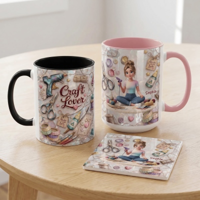 Personalized DIY Craft Lover Cartoon Character 11 oz/15 oz Ceramic Mug with Name and Coaster, Daily Use, Birthday Gift for Craft Lover/Girl/Friend