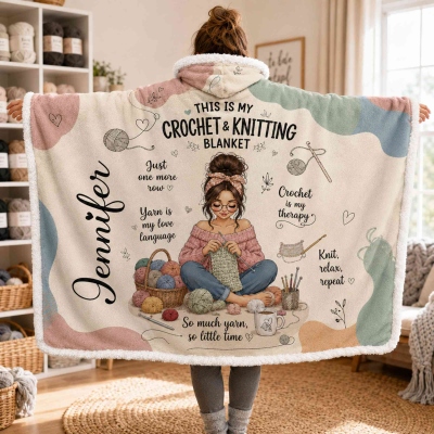 Personalized Crochet & Knitting Hooded Blanket with Name & Avatar, Birthday/Christmas Gift for Crocheter/Knitter/Mom