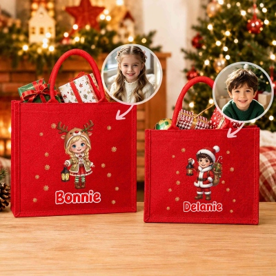 Personalized Photo Cartoon Character Christmas Tote Bag with Name, Large Capacity Red Jute Bag, Holiday Party Favor, Christmas Gift for Kids/Family