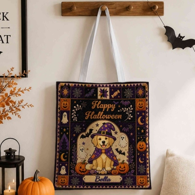 Custom Farmhouse Halloween Pet Photo Tote Bag with Name, Vintage Trick Or Treat Reusable Shopping Handbag, Birthday Gift for Pet Owners/Girls/Friends