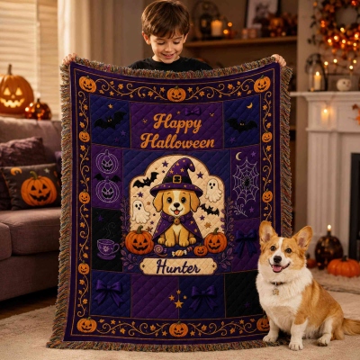 Personalized Vintage Halloween Pet Photo Tassel Blanket with Name, Flannel Bed Couch Throw, Autumn Party Decor, Halloween Gift for Pet Lovers/Him/Her