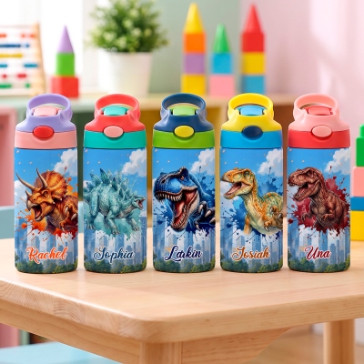 Custom Name Splashing Dinosaur Water Bottle, Stainless Steel 12oz Tumbler with Straw & Lid, Birthday/Back to School Gift for Kids/Dinosaur Lovers