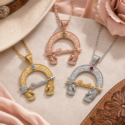 Personalized Horseshoe Name Necklace with Birthstone, Custom Horse and Arrow Pendant, Western Equestrian Jewelry, Gift for Horse Lover/