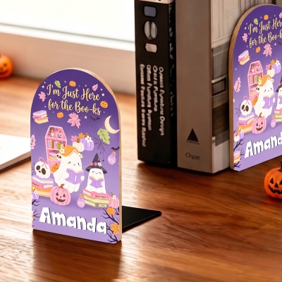 Personalized Cute Reading Ghost 1 Pair Wooden Bookends with Name, Book Shelf Organizers, Halloween Gifts for Children/Students/Book Lovers