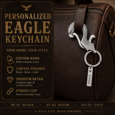 Personalized Eagle Keychain for Men, Custom Name Tag Carabiner-Style Key Ring with Crystal Accents, Gift for Dad/Husband/Boyfriend