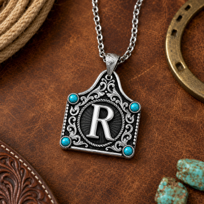 Personalized Western Initial Necklace with Birthstone, Tone Cowboy Filigree Pendant, Birthday/Christmas Gift for Dad/Husband