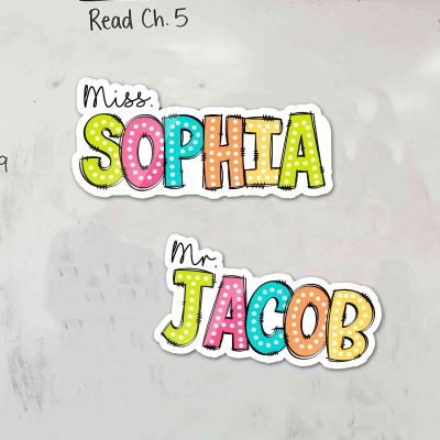 Personalized Teacher Name Multicolor Polka Dot Whiteboard Magnet, Office Classroom Supplies, Back to School Gift for Teachers/Educators