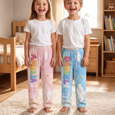 Personalized Cloud Star Rainbow Oil Painting Letters Pajama Pants with Name, Unisex Drawstring Lounge Pants, Birthday/Christmas Gift for Kids/Family