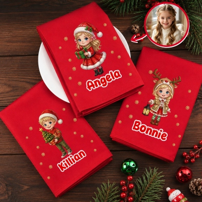 Personalized Name & Photo Cartoon Character Christmas Napkin, Party Dinner Red Napkin, Holiday Dish Towel, Housewarming/Christmas Gift for Kids/Family