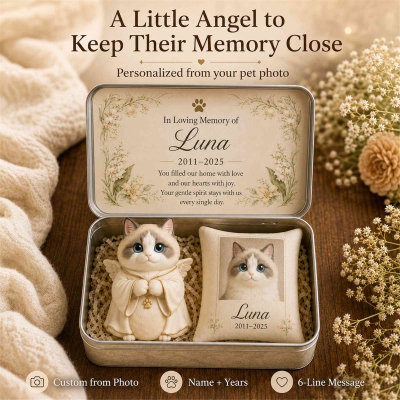 Personalized Pet Angel Figurine Set, Photo Pillow & Memorial Tin Box, Sentimental Tabletop Home Decor, Condolence Gift for Pet-Loving Family/Friends
