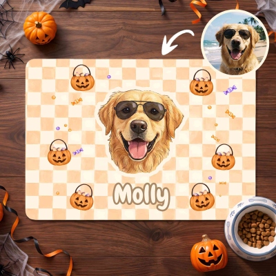 Personalized Name Watercolor Halloween Pet Portrait Checkered Food Feeding Mat, Waterproof Non-slip Pet Placemat, Halloween Gift for Pet Parents