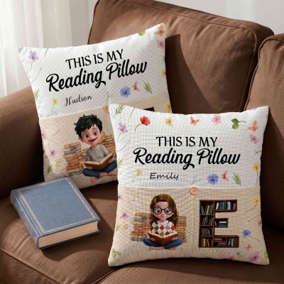 Personalized Floral Cartoon Reading Character Soft Throw Pocket Pillow Cover with Name and Initial Home Decor Birthday Gift for Bookworms Readers