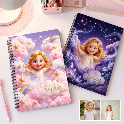 Custom Name Photo 3D Cartoon Angel Character Dreamy Cloud/Lollipop/Floral Notebook, Softcover A5 Spiral Journal, Back to School/Birthday Gift for Kids
