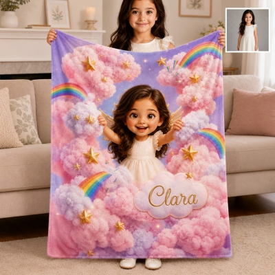 Custom Name & Photo 3D Cartoon Angel Character Dreamy Cloud/Lollipop/Floral Blanket, Flannel/Sherpa Throw for Bed Couch, Birthday Gift for Kids/Girls