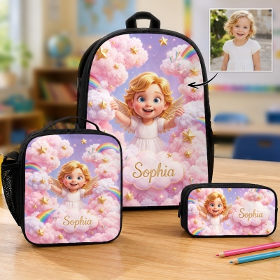 Custom Name & Photo 3D Cartoon Angel Cloud/Lollipop/Floral Backpack with Pencil Case & Lunch Bag, School Bag Set, Back to School Gift for Kids/Girls