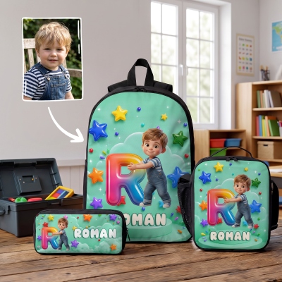 Custom Name & Photo 3D Cartoon Character Rainbow Alphabet Stars Backpack with Pencil Case & Lunch Bag, School Bag Set, Back to School Gift for Kids