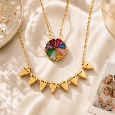 Personalized Family Name Necklace with Birthstones & Names, Colorful Resin Heart Flower Pendant, Convertible Jewelry, Gift for Mom/Grandma