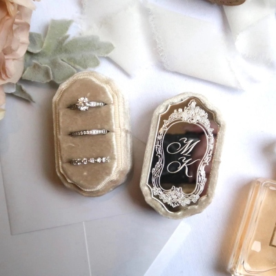 French Inspired Velvet Ring Box, Custom Triple Slot Wedding Ring Holder
