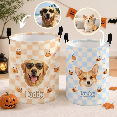 Personalized Name Watercolor Pet Portrait Pumpkins Checkered Storage Basket, Large Capacity Pet Toy Laundry Basket, Halloween Gift for Pet Parents