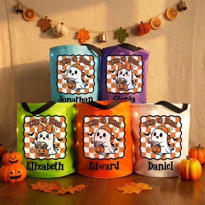 Custom Name Cute Spooky Ghost & Pumpkin Checkered LED Light Bucket Bag with Handle, Light-Up Trick or Treat Candy Basket, Halloween Gift for Kids