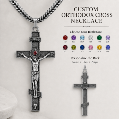 Personalized Orthodox Crucifix Necklace with Birthstone & Text, Faith Keepsake Jewelry, Wear Devotional Accessory, Christian Gift for Dad/Husband